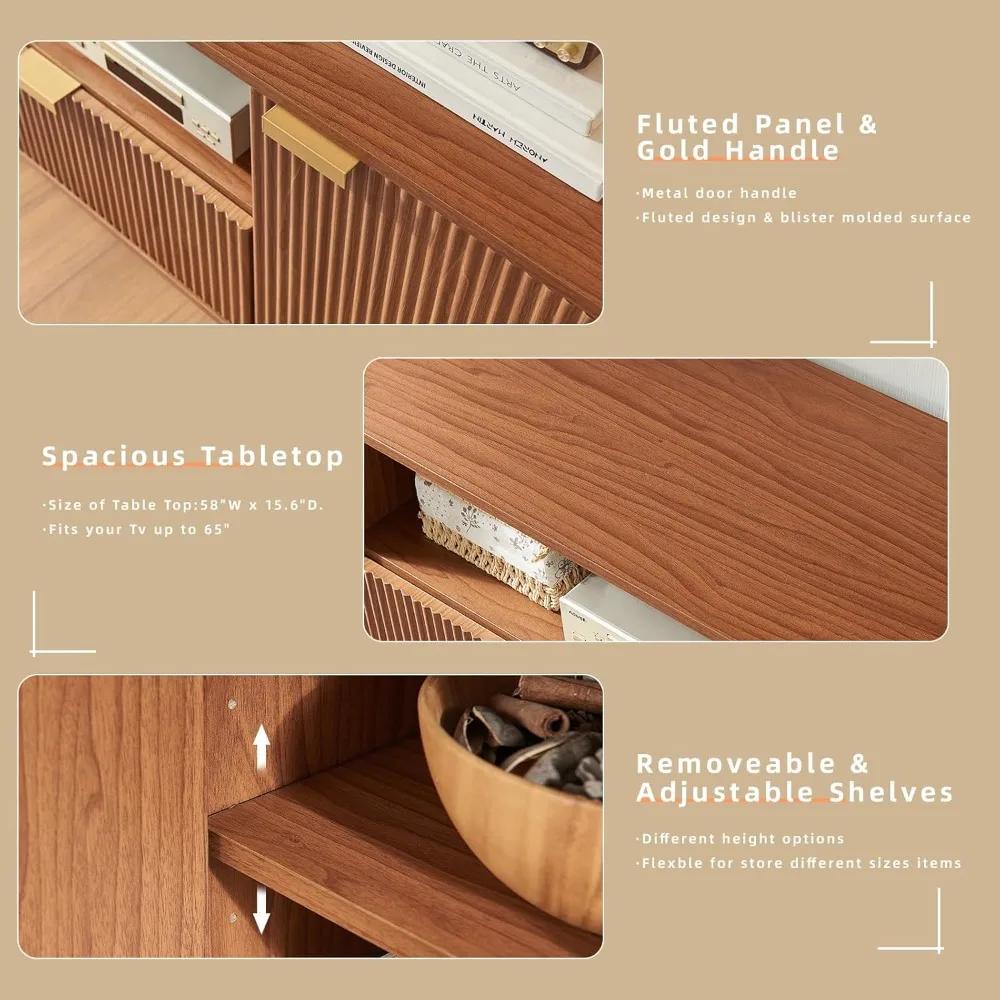 65-Zoll-TV-Ständer – moderne geriffelte Konsole für Wohnzimmer, Medienaufbewahrung mit weichem Scharnier und Schublade, Entertainment-Center aus Holz