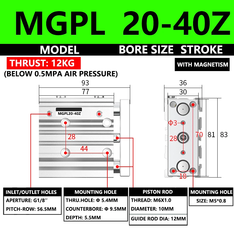 

ABILKEEN MGPL Series Pneumatic Compact Guide Cylinder MGPL20-40Z 20MM Bore X 40MM Stroke Thin Three Axis Three Rod Air Cylinder