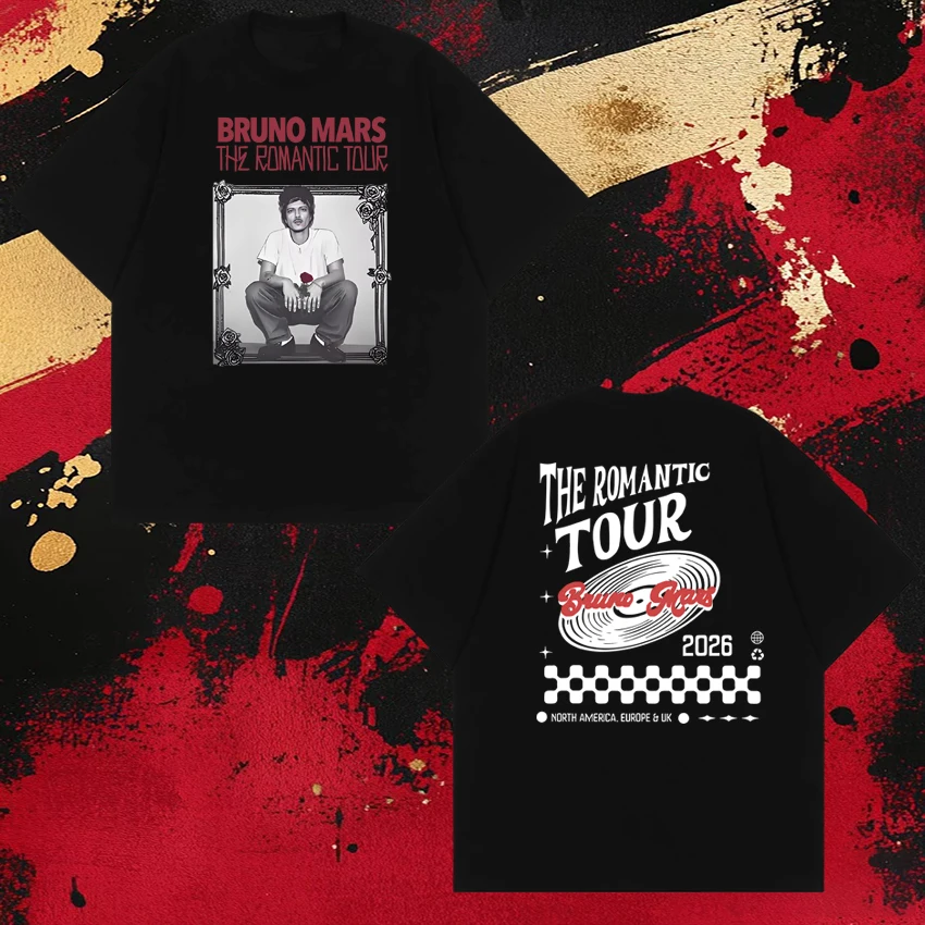 

New in Bruno Mars Album The Romantic Tour 2026 print T shirts Men Women 100% Cotton Tops Unisex Oversized short sleeve T-shirt