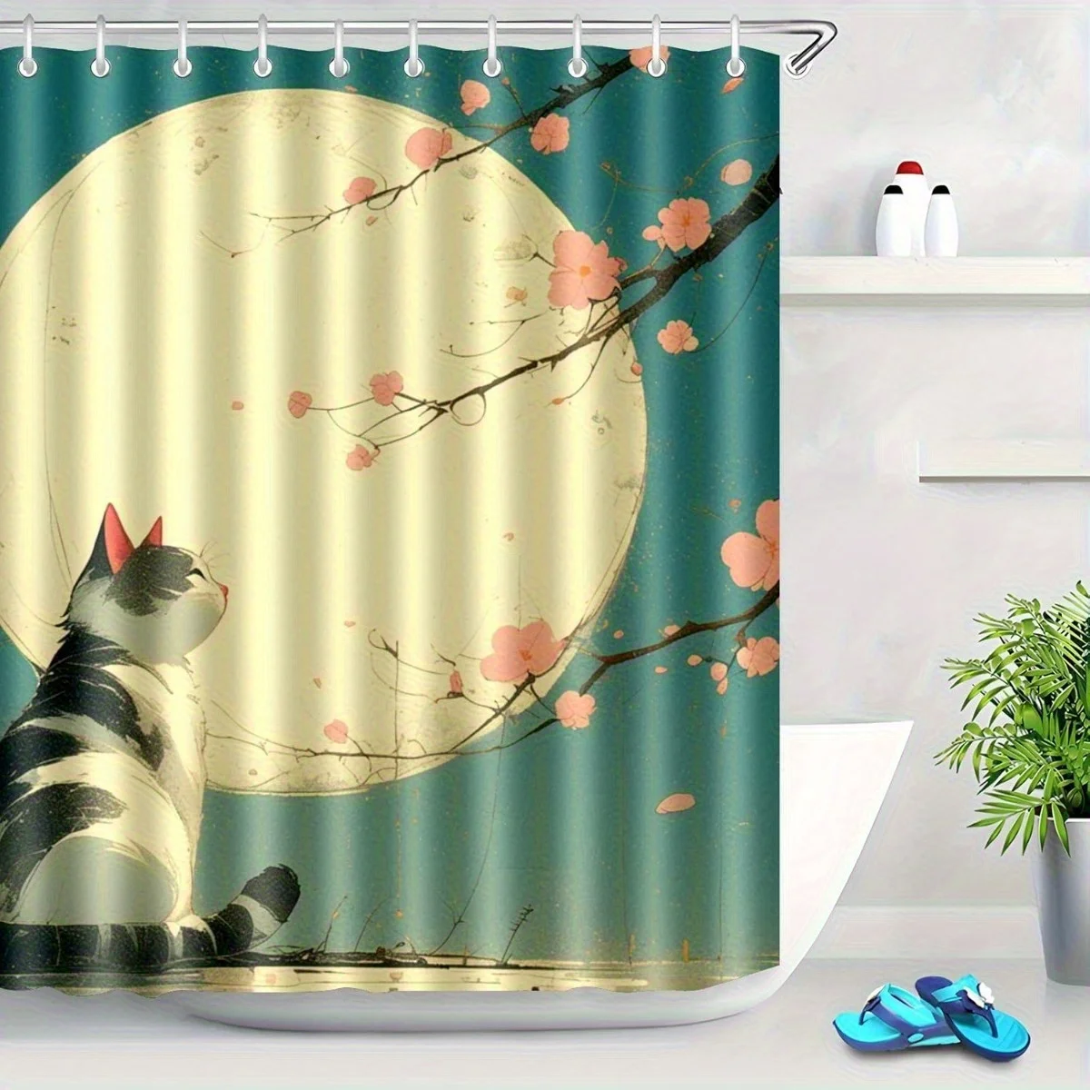 

Surfing Cat Shower Curtain- Durable Polyester Bathroom Decor with Non-Fade Easy Clean Design, Includes Hooks, Stylish Animal The