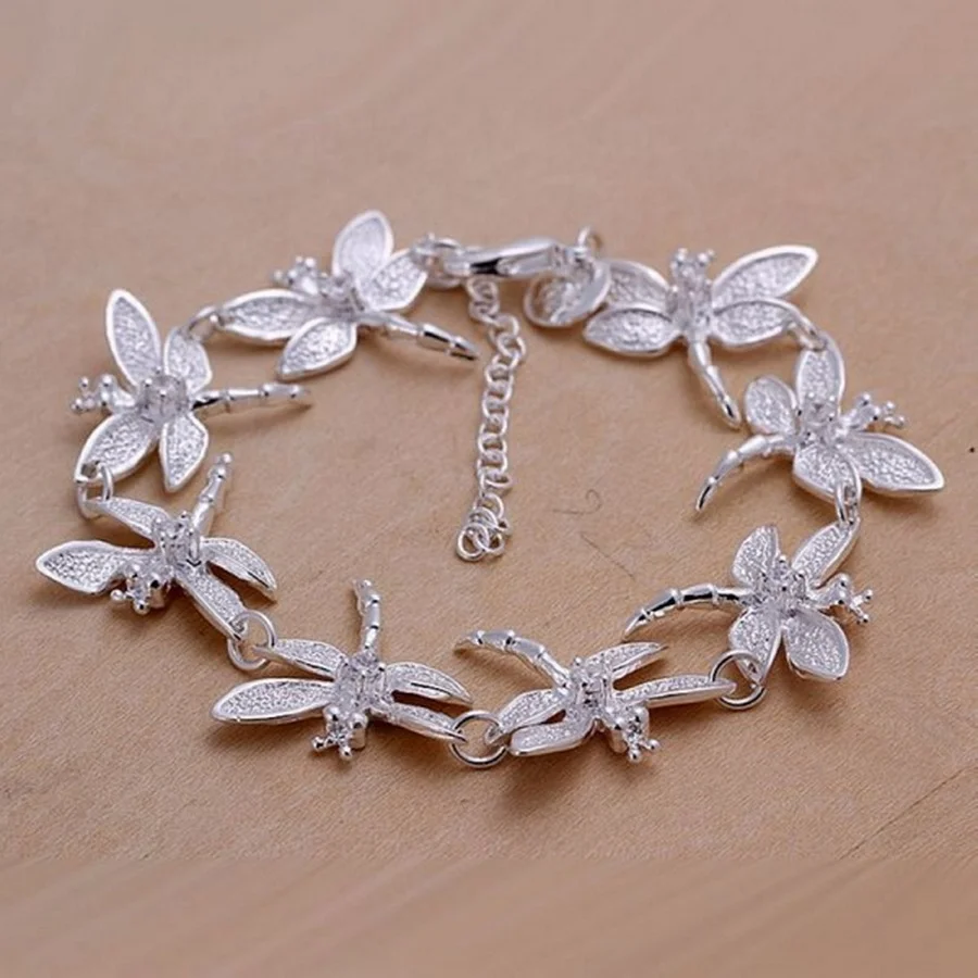 High Quality New Fashion 925 Sterling Silver Jewelry Creative Inlaid Stone Dragonfly Bracelets Chain Lady Women Free Shipping