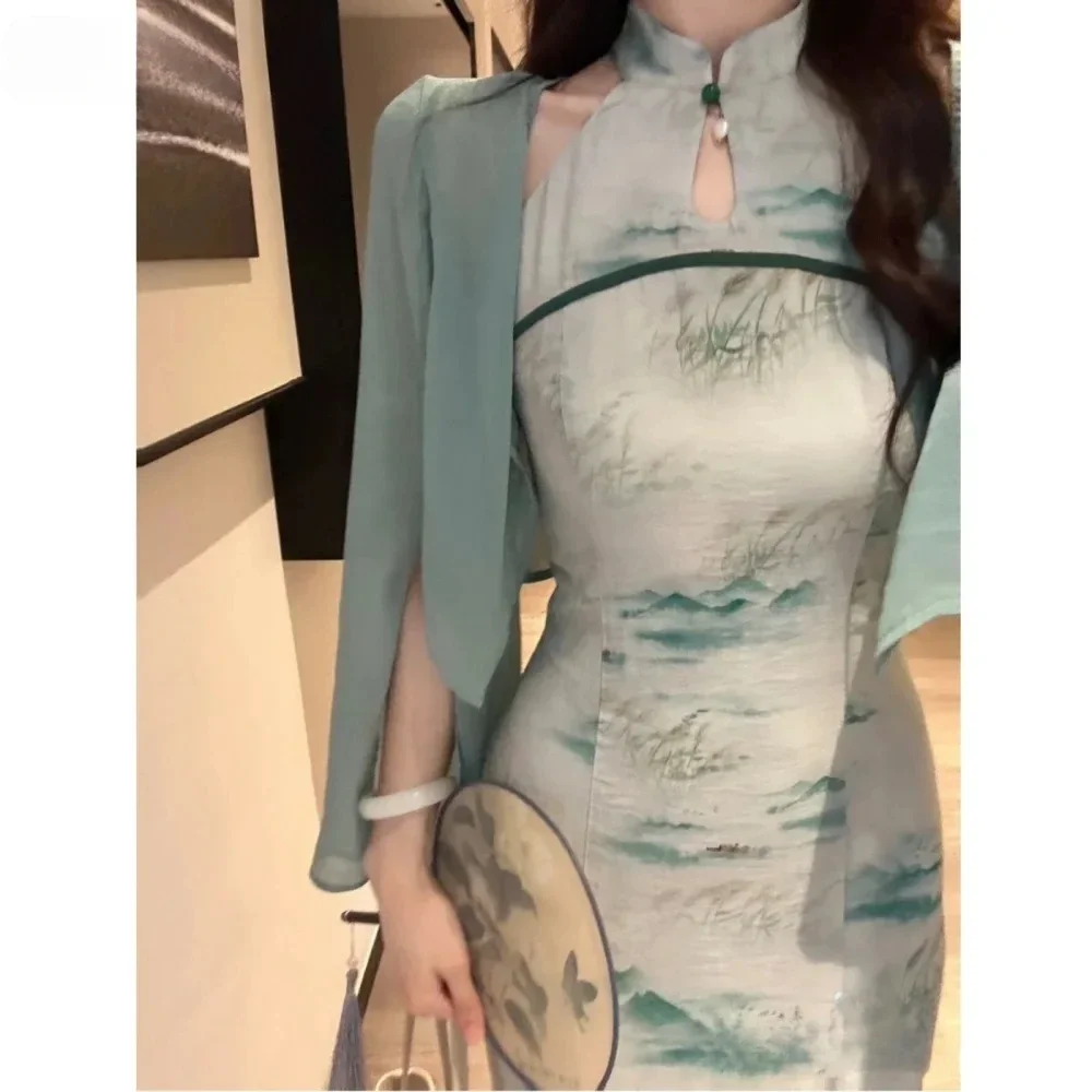 

Chinese Dress Woman Traditional Clothes Women New Chinese Qipao Retro Dress Short Sunscreen Coat Printed Slim Cheongsam Long
