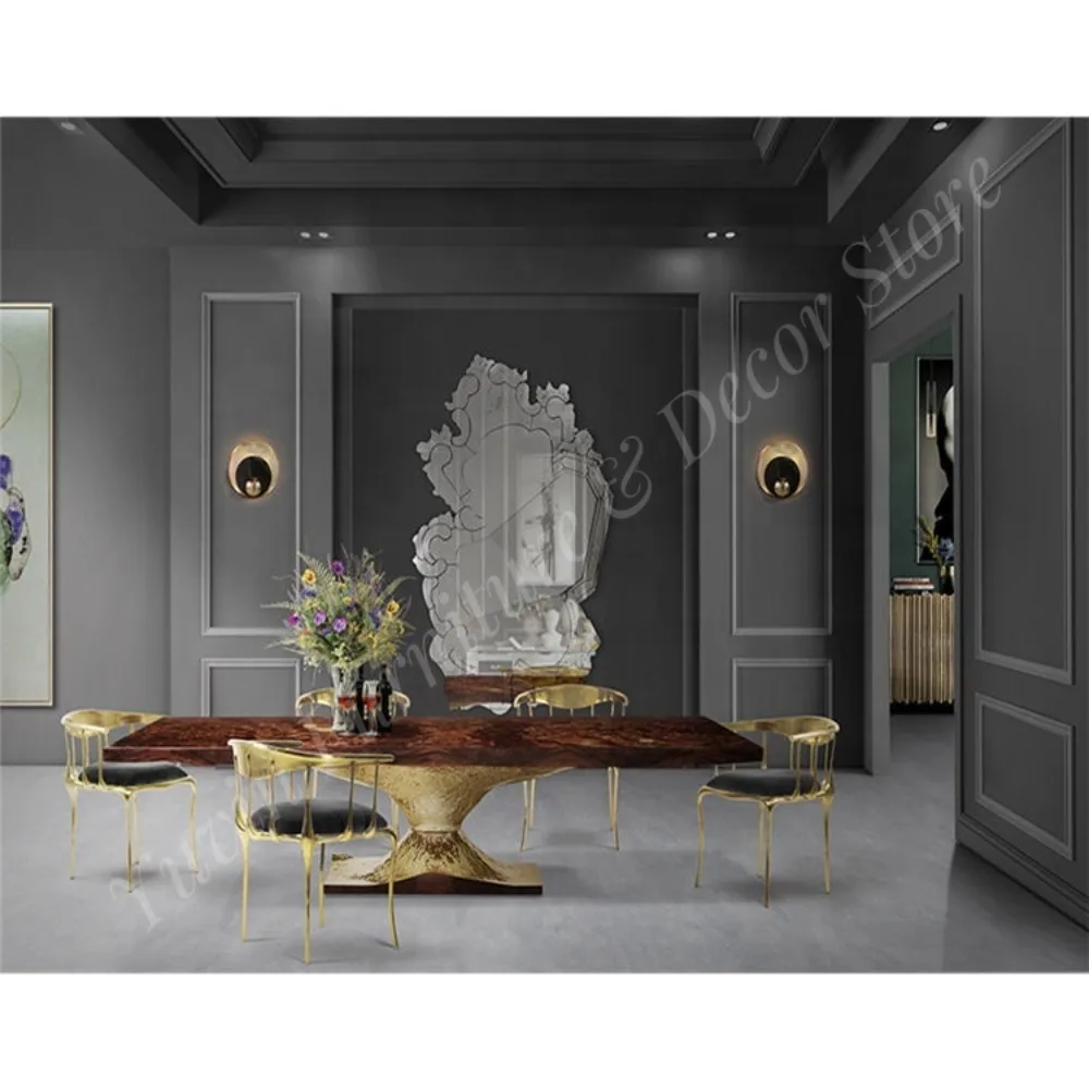 High-End 12-Seater Solid Wood Dining Table Set Hand-Drawn Polished  Luxury Copper Table  Modern Villa Furniture for Dining Room