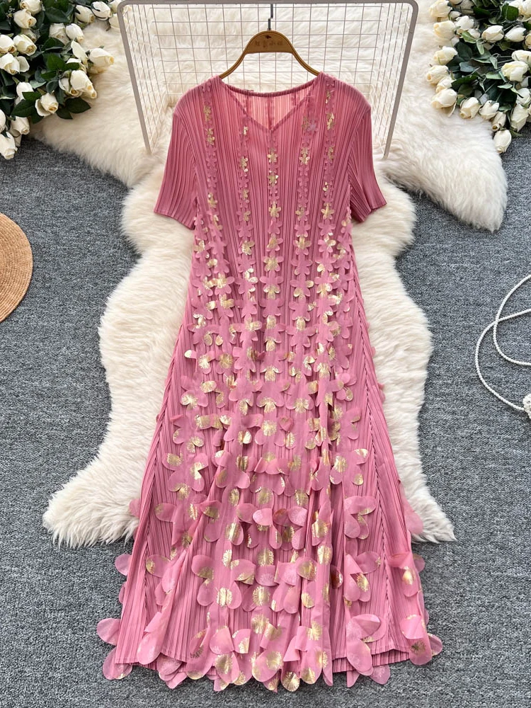 

Летние платья для особых случаев 2025 Элегантное длинное платье Свободное женское платье с коротким рукавом и v-образным вырезом с аппликациями Плиссированное платье Miyake