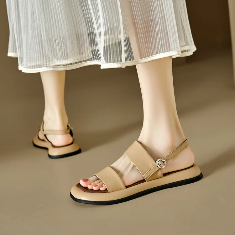 NEW Summer Women Sandals Split Leather Shoes for Women Square Toe Thick Heel Shoes Csaual Narrow Band Buckle Shoes Flat Sandals