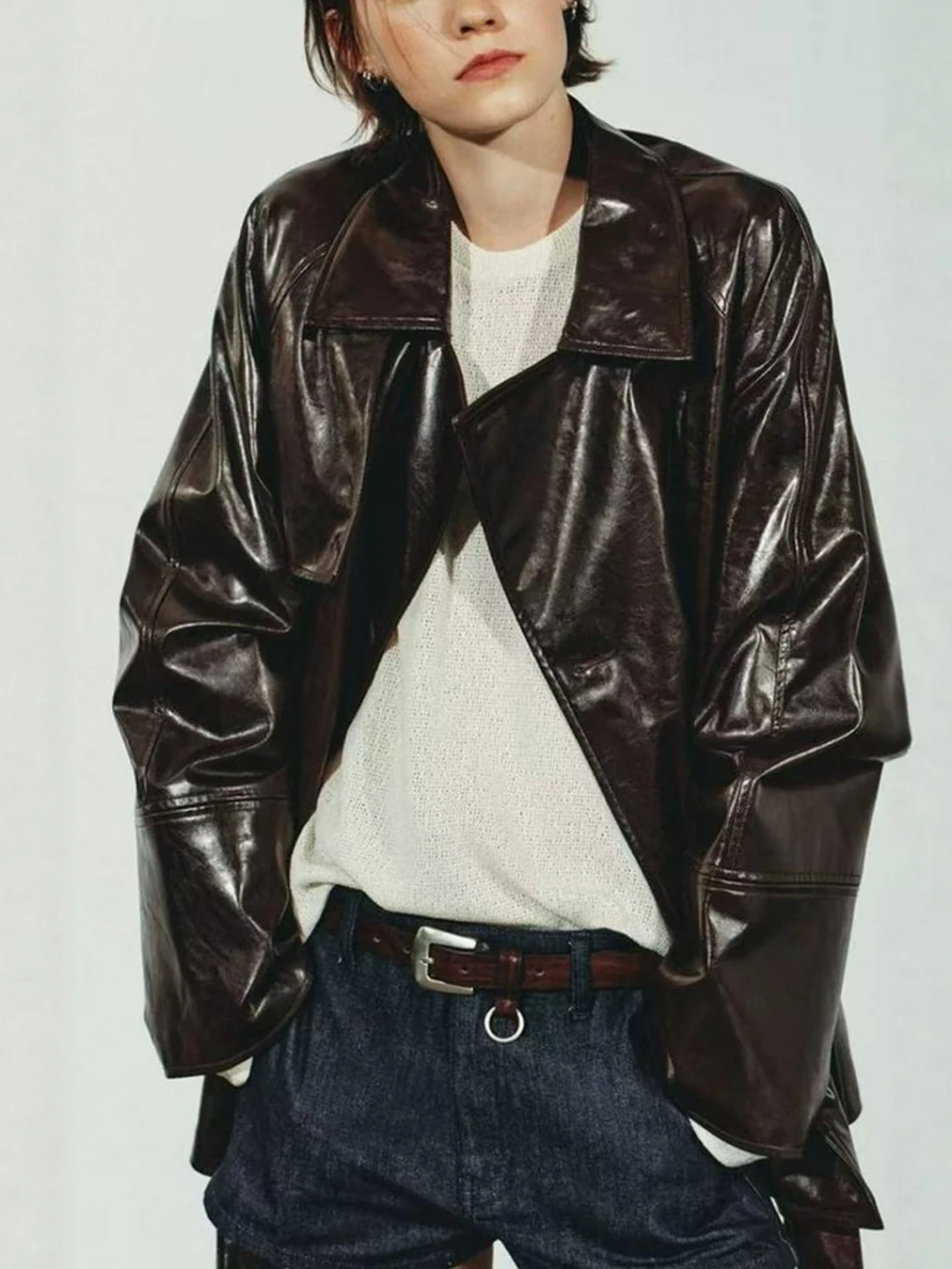 Manteau de moto rétro Sle ort avec ceinture en cuir PU, Long col rabattu, Jaet décontracté pour les déplacements