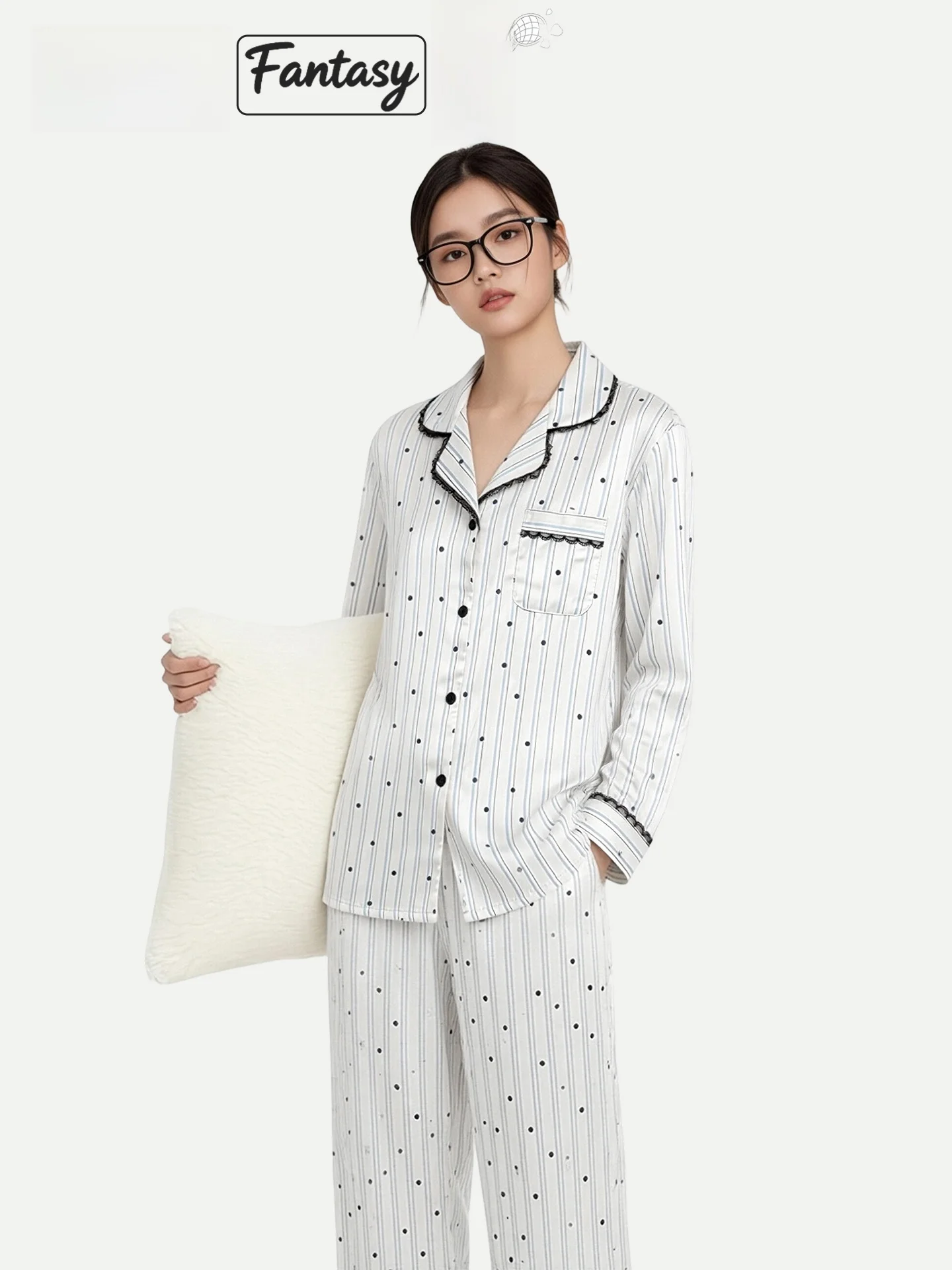 

PinkBread Silk Long Sleeve Sleepwear for Women Spring Summer Outwear Home Clothes Polka Dot Striped Soft Moisture Wicking