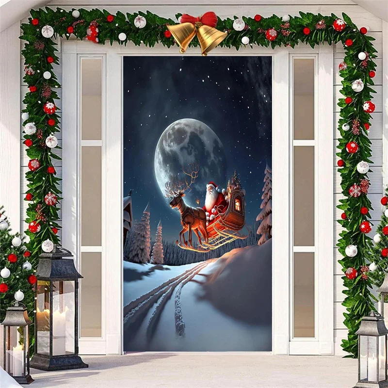 

Door Sticker Christmas Santa Claus Elk Snow Mountain Snowman Vinyl PVC Waterproof Self-adhesive Party Poster Bedroom Home