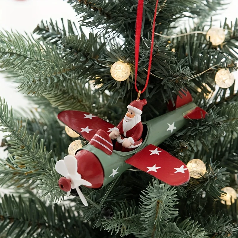 1PC Festive Christmas Tree Ornament: Santa and Snowman in A Vintage Red and Green Airplane