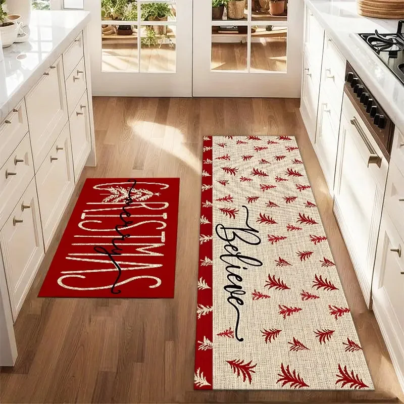 VIKAMA Christmas Kitchen Rug Leaf Print Non-slip Durable Floor Mat Entrance Corridor Rug Holiday Home Decoration