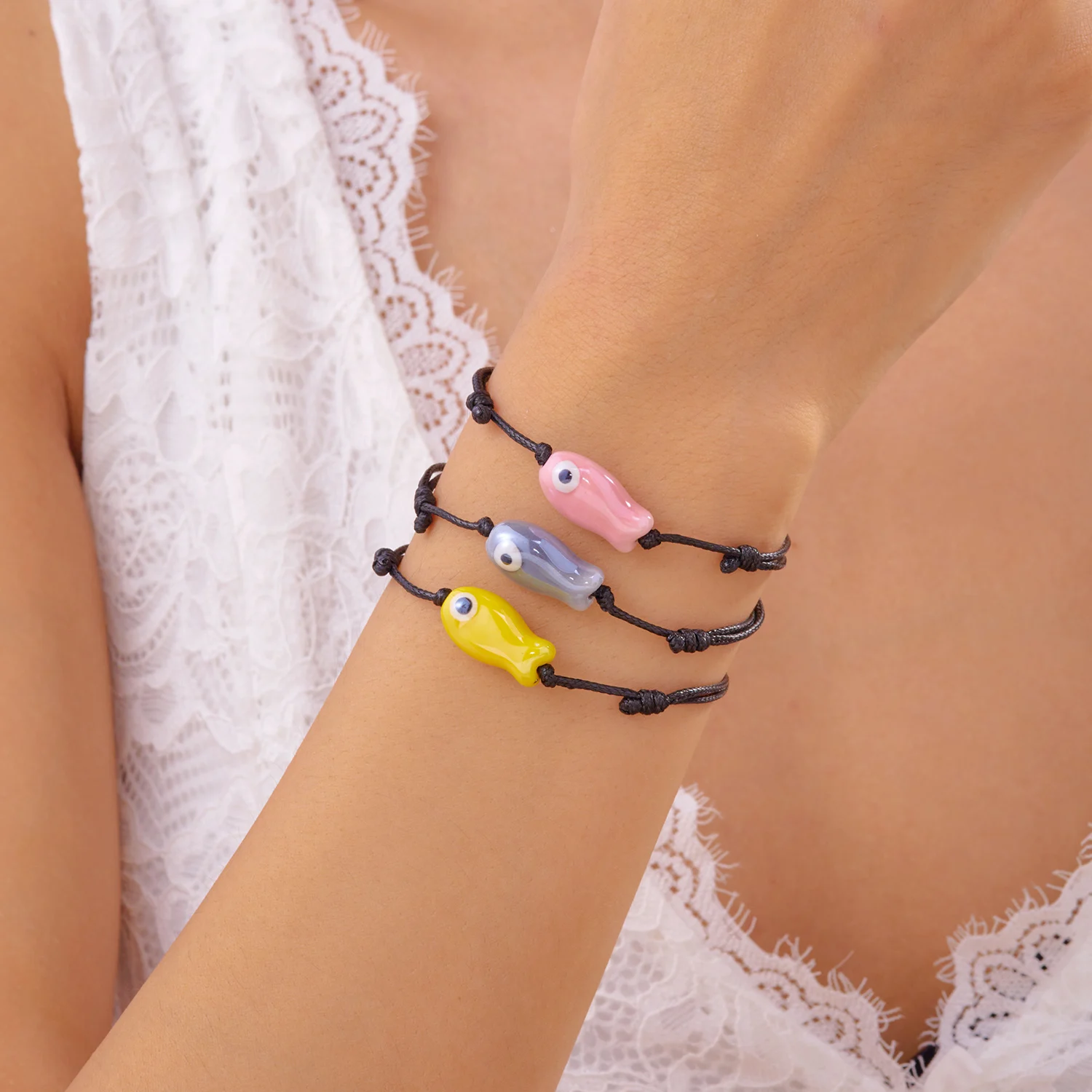 Lucky Cartoon Ceramic Fish Bracelet for Women Men Fashion Handmade Braided Adjustable Bracelet Simple Couple Jewelry Gifts