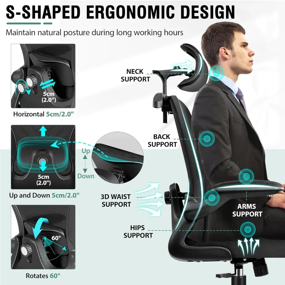 Chaise de Bureau Ergonomique avec Support Lombaire 3D, Siège Confortable à Dossier Haut, Repose-Sauna