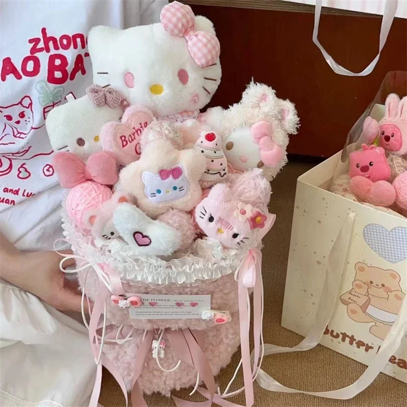 

Anime Sanrio Hello Kitty Plush Doll Bouquet Cute Cartoon Fashion Portable Flower Room Decor Boys and Girls Lover Holiday Gifts