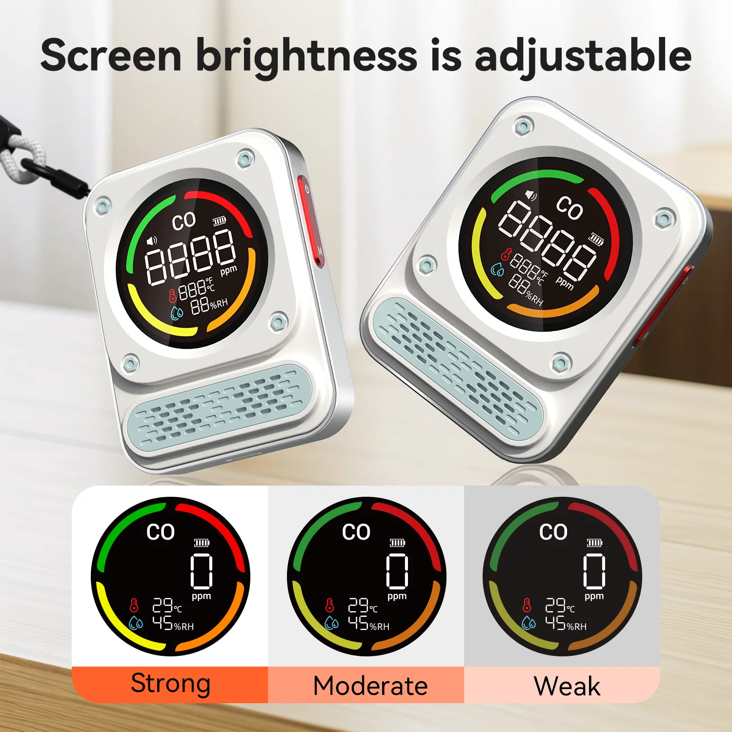 Tragbarer Kohlenmonoxidmelder, 3-in-1 wiederaufladbarer CO-Detektor mit akustischen und visuellen Warnungen für Reisen und Camping