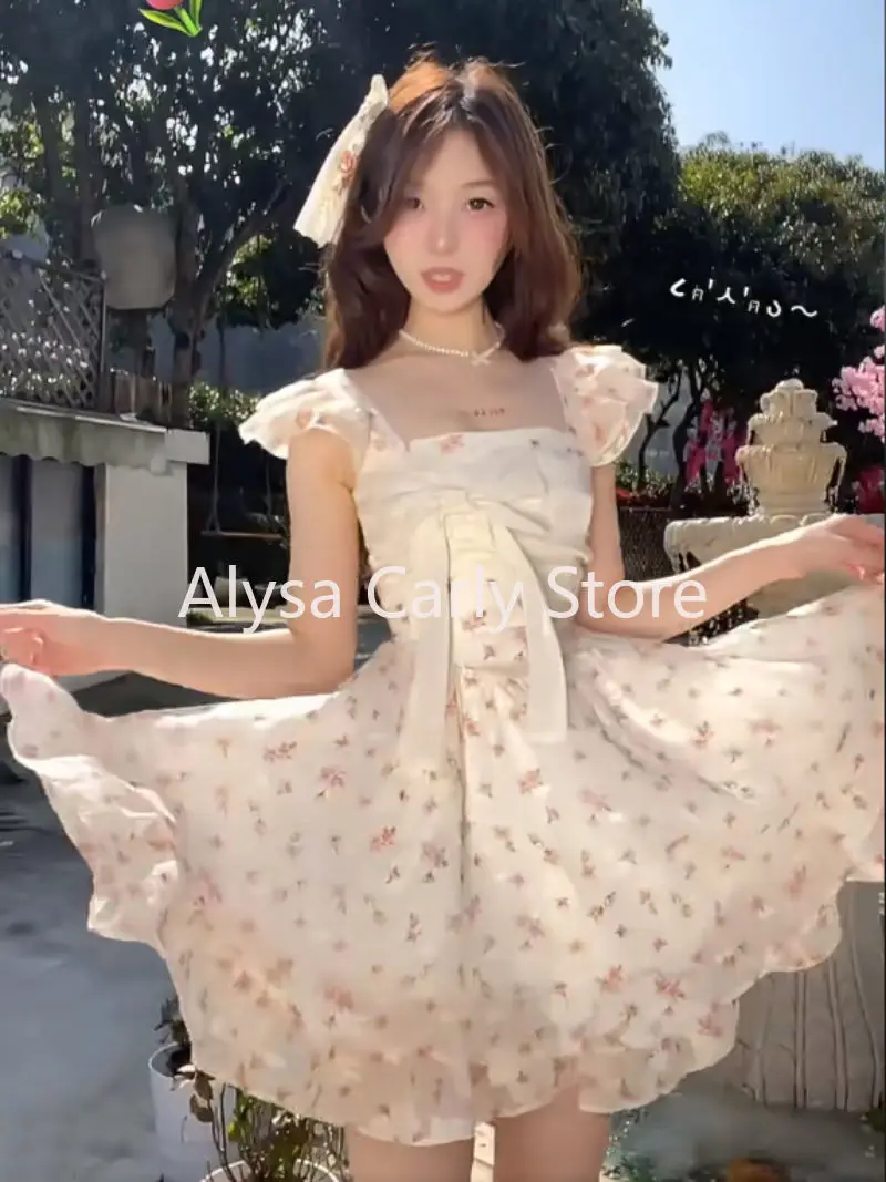 Japan Sweet Floral Mini Dress Women Elegant Cute Bow Flying Sleeve One Piece Dress Summer Sexy Fairy Casual Evening Party Dress