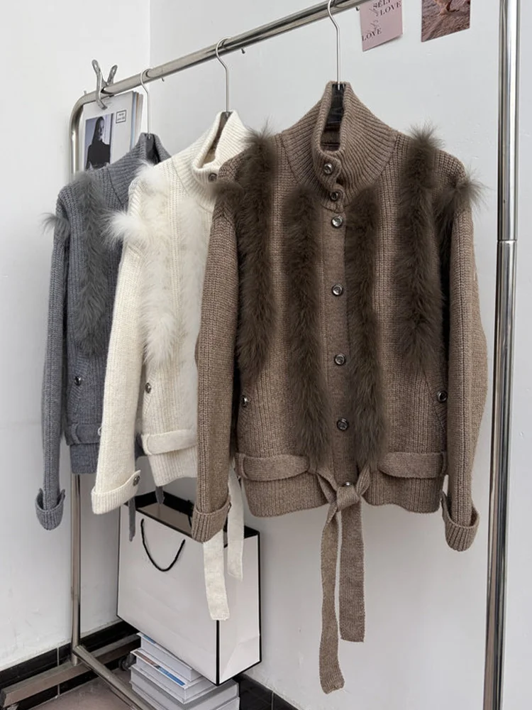 2026 New Autumn Women Real Fox Fur Coat Fox Fur Strip Sewed Toghter Lace Decoration Stand Collar Sweater Outerwear