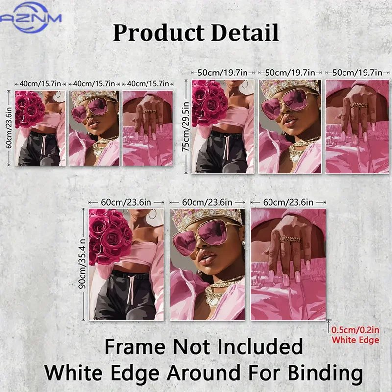 3pcs Modern Frameless Canvas - Pink Crowned Woman with Fashion Glasses & Roses, Contemporary Adhesive Prints Suitable for Bedro