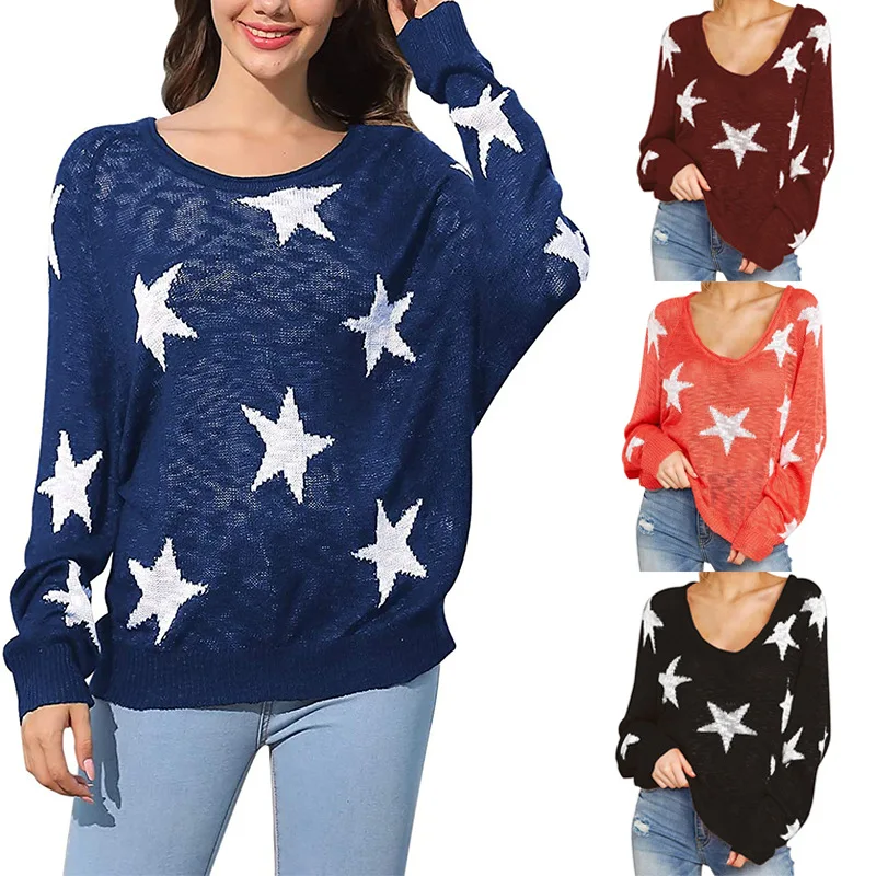 

Осень-зима, свободный вязаный свитер с v-образным вырезом, женская толстовка с капюшоном со звездами, повседневный удобный длинный топ Sve Crew Ne