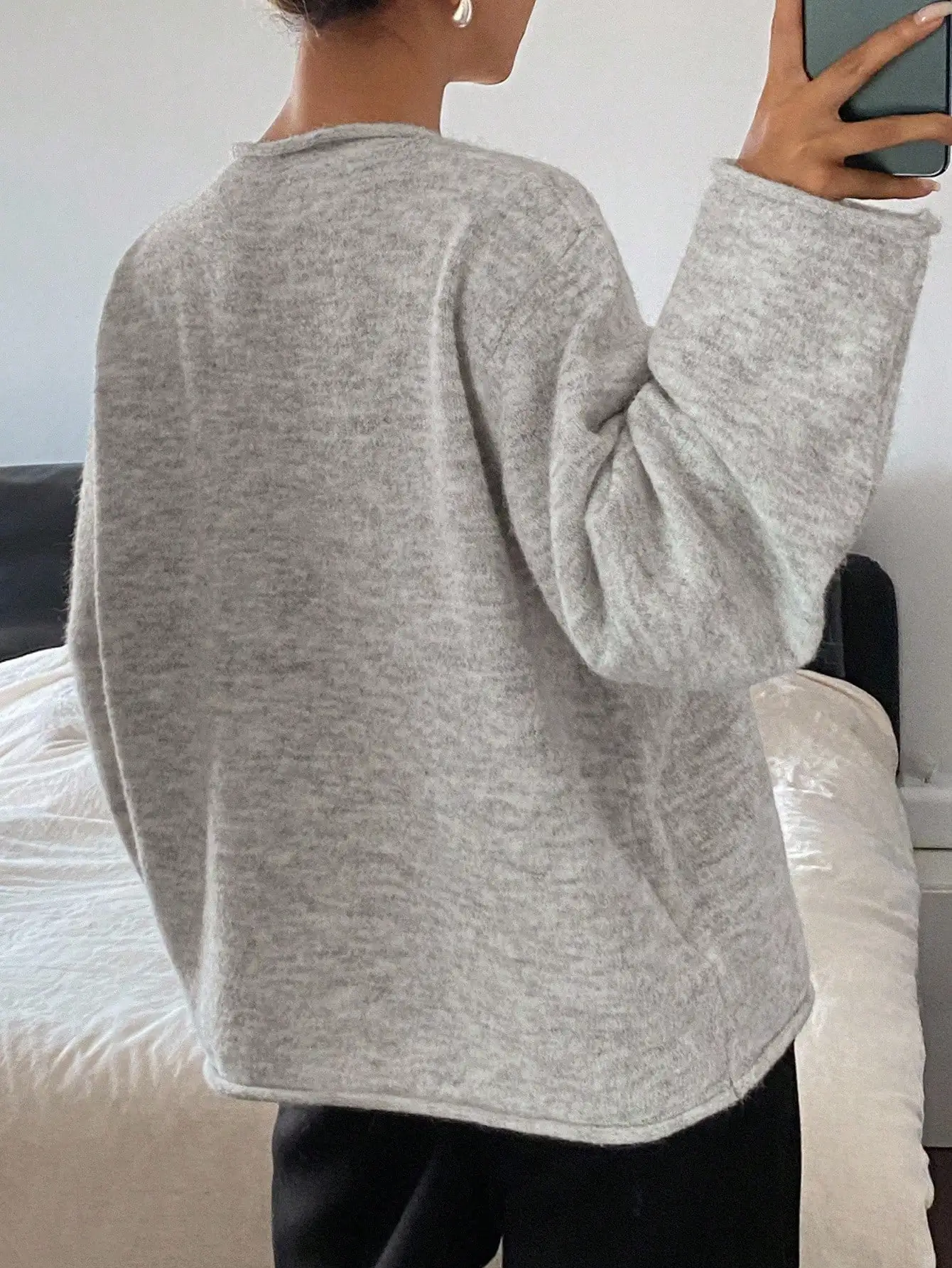 Womens Oversized Knit Sweater Quiet Luxury Old Money Aesthetic Long Sleeve Pullover Jumper Top Solid Heather Grey Melange Boat Neck Rolled Edge Drop Shoulder Wide Sleeves Slouchy Relaxed Fit For Fall Winter Work Commute Daily Outfits Christmas Gift