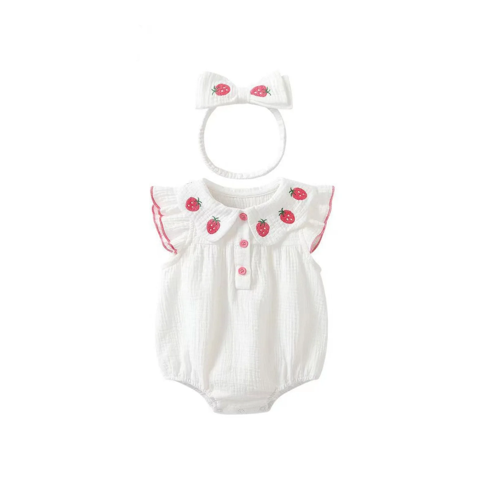 Infant Babys Girls Rompers Bellbell Summer Strawberry Embroidery Kids Girls Jumpsuits Newborn Girls Bodysuits Kids Girls Onesies