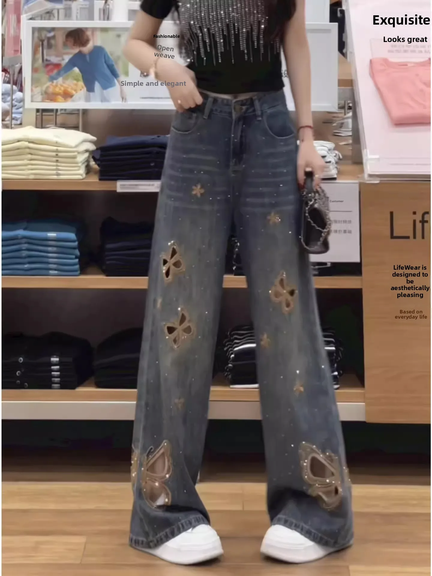 Elegant  Embroidery Hollow out Wide Leg Denim Jeans Women's Summer Thin Loose Slimming Vintage Rhinestone Straight F...