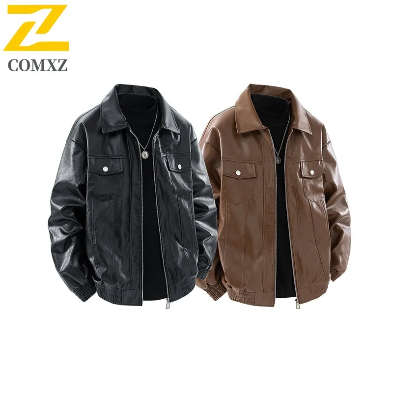 

COMXZ Мужская кожаная куртка Повседневная куртка с воротником-стойкой Американский стиль Мотоциклетное пальто Повседневная легкая осенняя одежда для езды на велосипеде на открытом воздухе