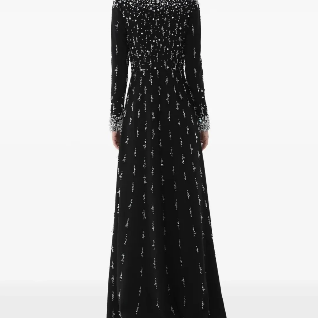 Bella personnalisé noir col rond à manches longues cristal gouttelette embelli coupe ajustée Maxi robes de soirée robes de soirée élégantes