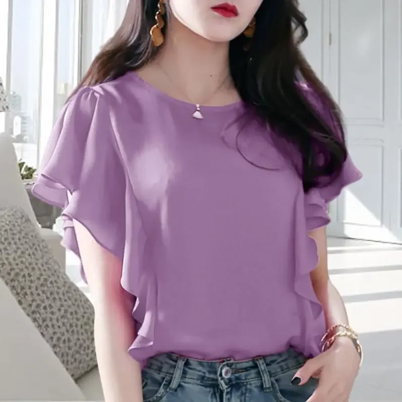 Purple Blouse Women Short Sleeve Ruffle Tops Korean Style Fashion Loose Plus Size Shirt