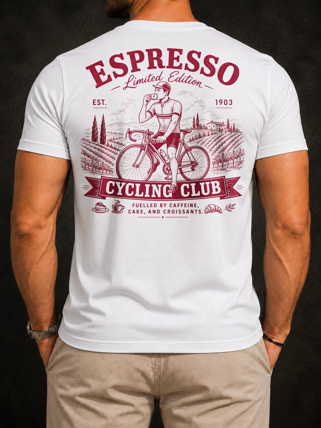 Vineyard Espresso Cycling Back Tee cyclist on bike coffee cup croissant icons and Limited Edition  Unisex All T-Shirt
