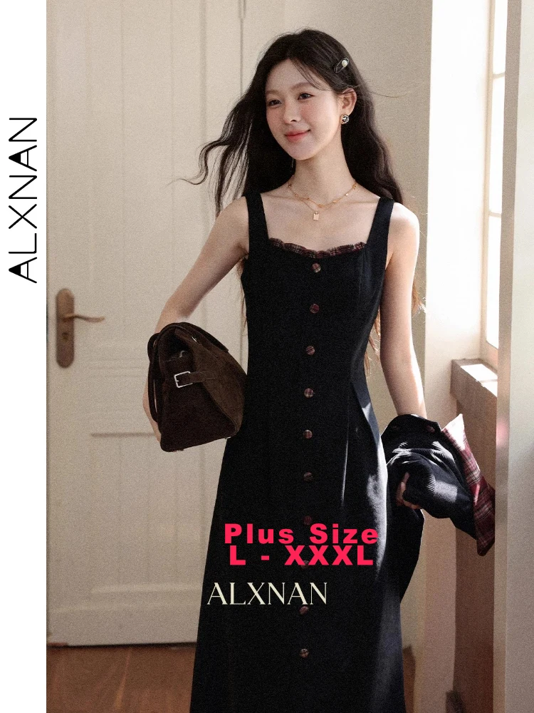

ALXNAN Plus Size Women's Sleeveless Dress Halter Twill Brushed Fabric Long A-Line Dresses 2025 Fall Elegant Party Dress D13016