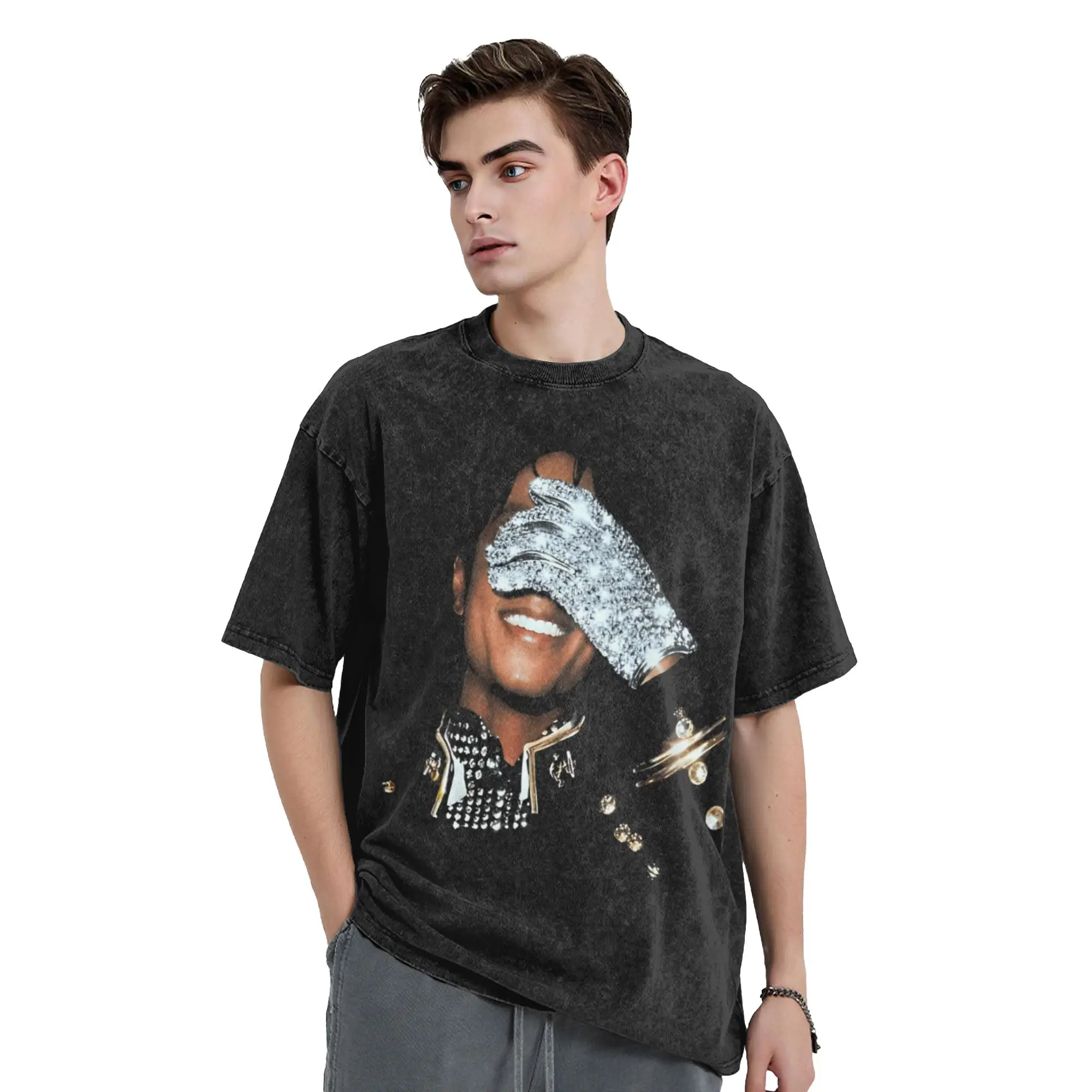 Washed T Shirt Shiny Glove Dance Michaels Jacksons Hip Hop T-Shirts Harajuku Streetwear Printed Tops Tees for Men Women