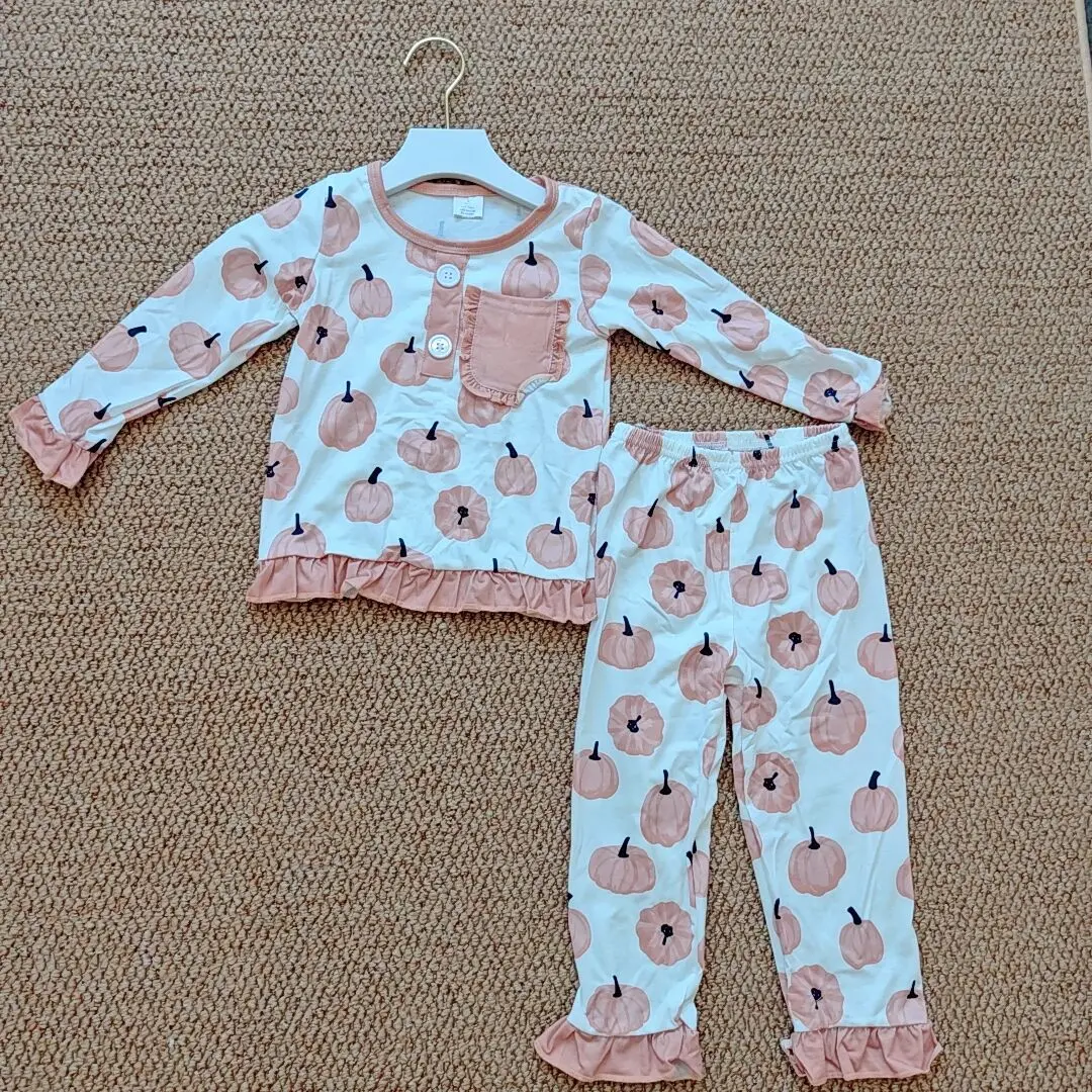 

9.16 Autumn Wholesale Western Boutique children Baby Girls Pumpkins Pocket Top Pants Bamboo Pajamas Clothes Sets