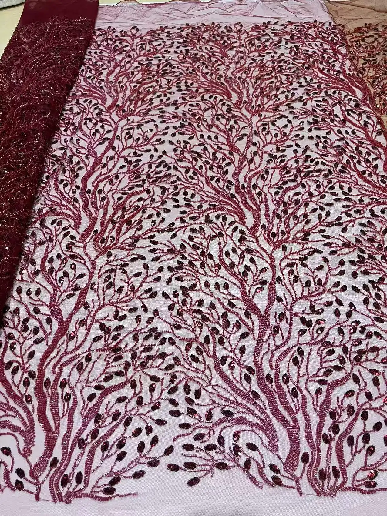 

Luxury Wine African Beaded Lace Fabric High Quality 5 Yards Sequins Nigerian Stones French Style for Women Party Dress