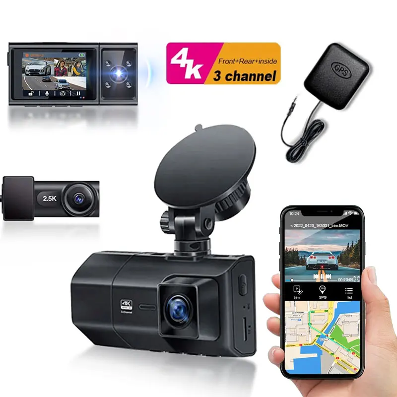 4K IPS LCD Car Dashcam GPS Wifi with 3-Channel Night Vision UHD With  Camera 4K Resolution Loop Recording for Cars