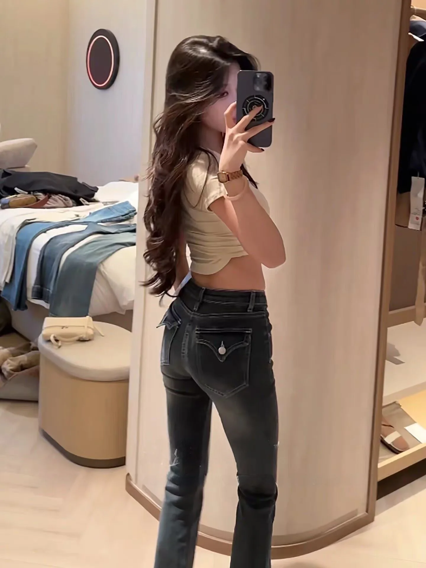 

Ретро джинсы с низкой талией, эластичные, расклешенные, женские, облегающие, буткат, длинные брюки, осенние, модные, сексуальные, из хлопкового денима