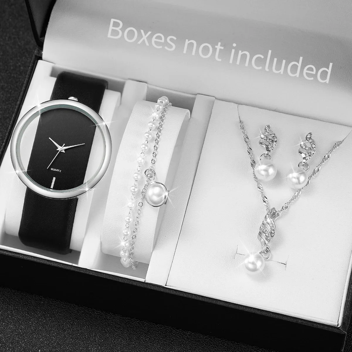 

Женские полые кварцевые часы с кожаным браслетом, комплект ювелирных изделий с жемчугом, модные часы, без коробки, 5 шт. в комплекте