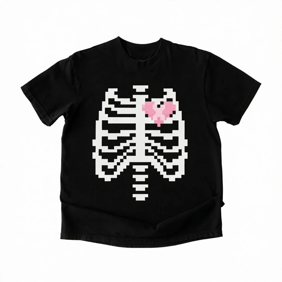 Rosa Rippen-Skelett-Fledermaus-Print Damen Oversized T-Shirt Halloween Pastell Goth Stil Kleidung Kawaii Streetwear Top Damen Herren T-Shirt – Detail 9