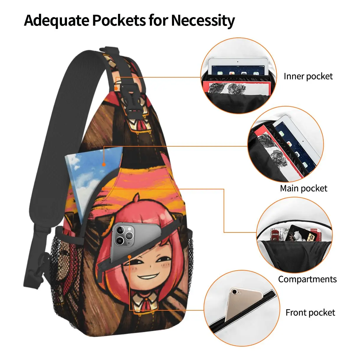 Anya Meme Spy X Familie Sling Bags Borst Crossbody Schouderslinger Rugzak Wandelen Reizen Daypacks Anime Manga Fashion Pack