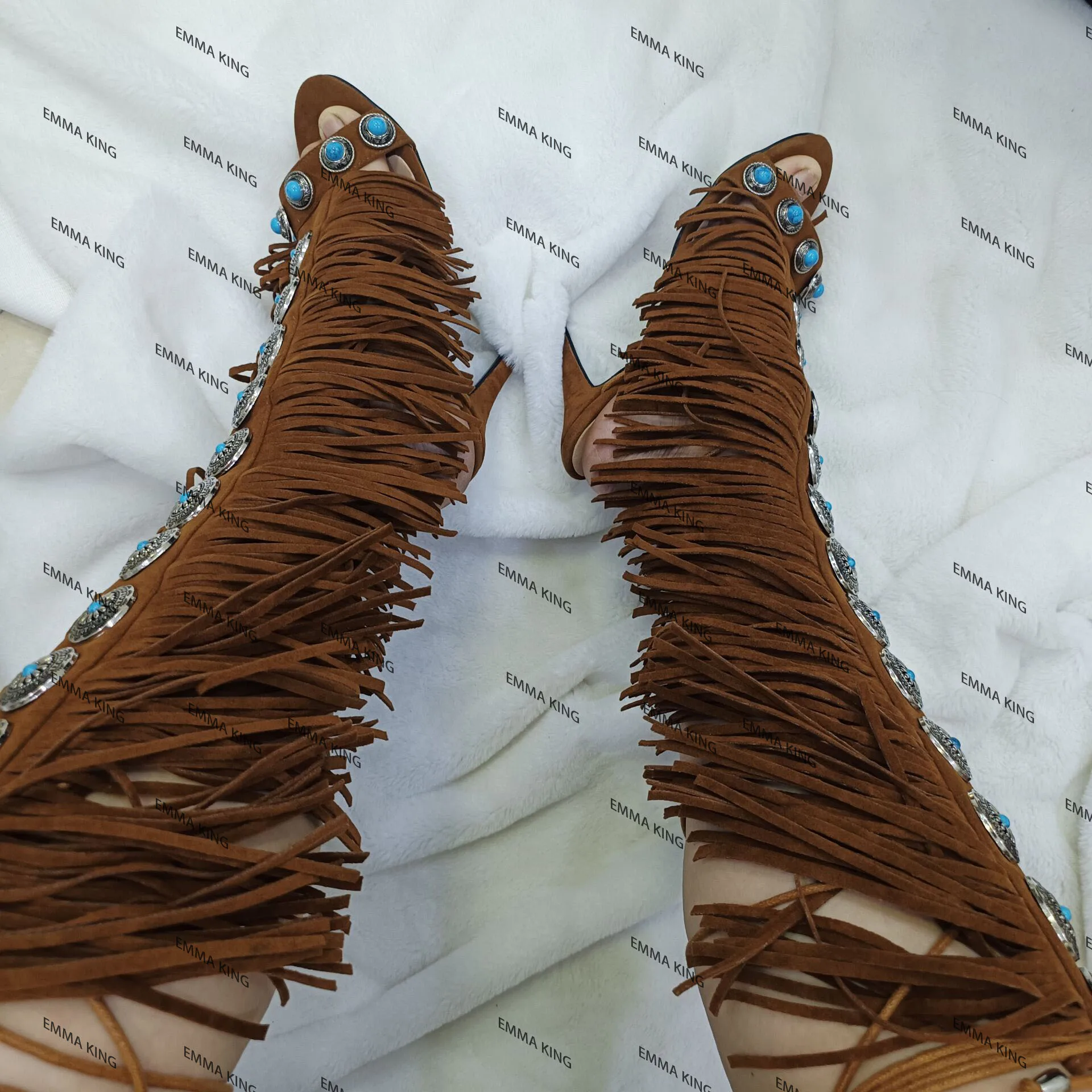 Designer Fringe Thih High Heel Sandals Woman High Heels Open Toe Party Prom Shoes 2024 Sexy Zipper Female Tassel Pumps 44