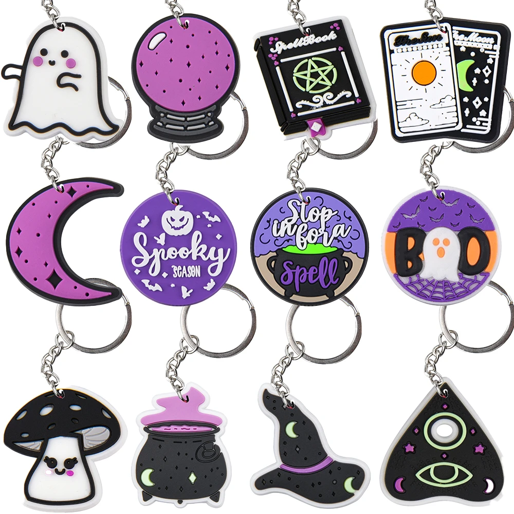 1pcs Halloween Ghost Moon Light Keychains Black Magic Mushroom Hat Keyrings Carlo Card Key Chains Kids Favor Gifts