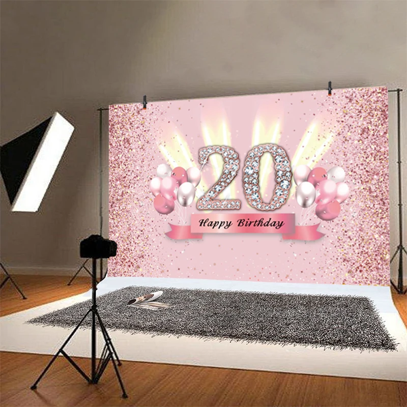 Sweet Pink 20th Photo Backdrop Girls Happy Birthday Party Pink Twenty Years Photograph Background Photo Banner Decoration