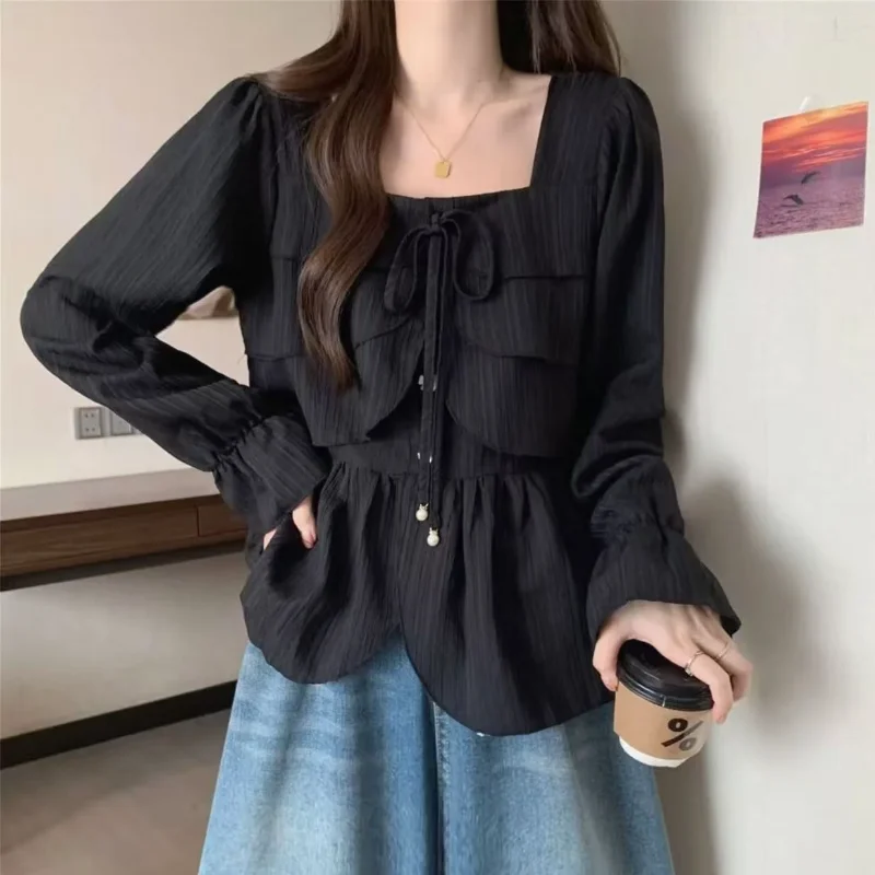 Spring Autumn Square Collar Shirts Drawstring Female Clothing Elegant Square Collar Fashion Irregular Ruffles Spliced Blouse New