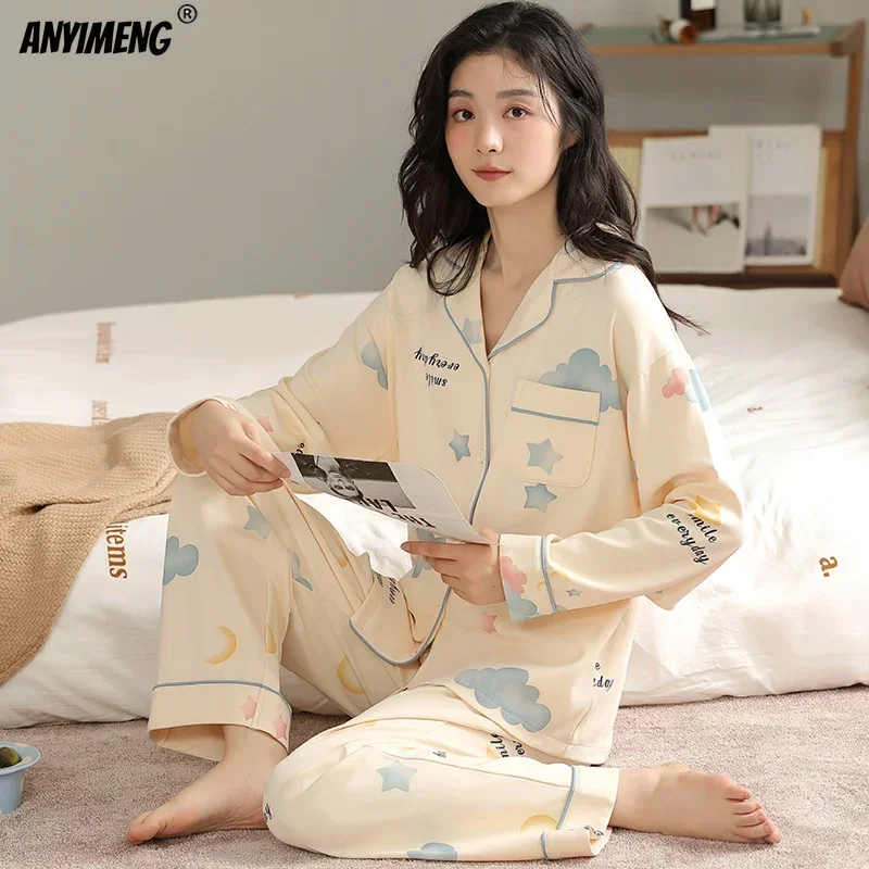 Autumn Winter Cotton Pajamas for Women Long Sleeves Sleepwear Woman Cardigan Pijamas V-neck Japanese Female Loungewear