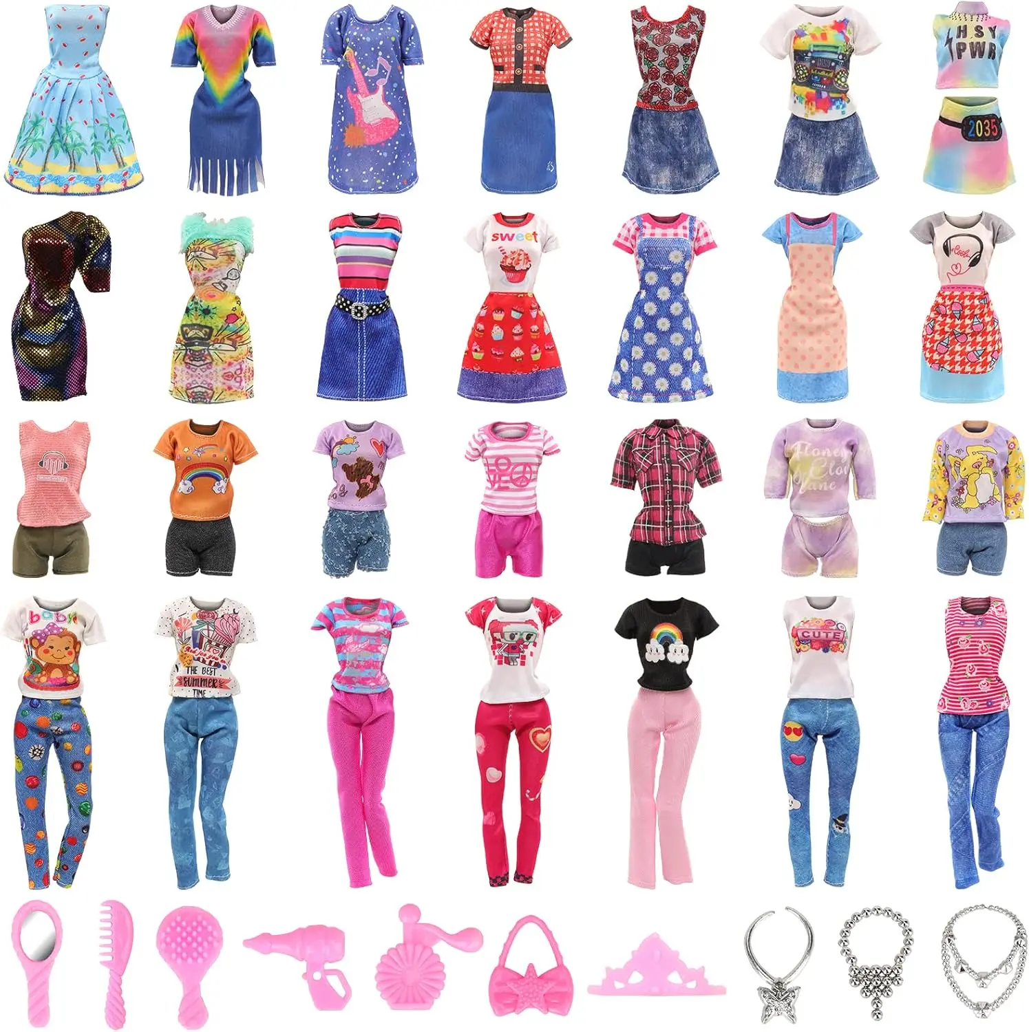 BARWA 18 Pack Doll Clothes and Accessories Fashion Dresses asual Outfits Tops and Trousers Shorts Bag Crown Necklace