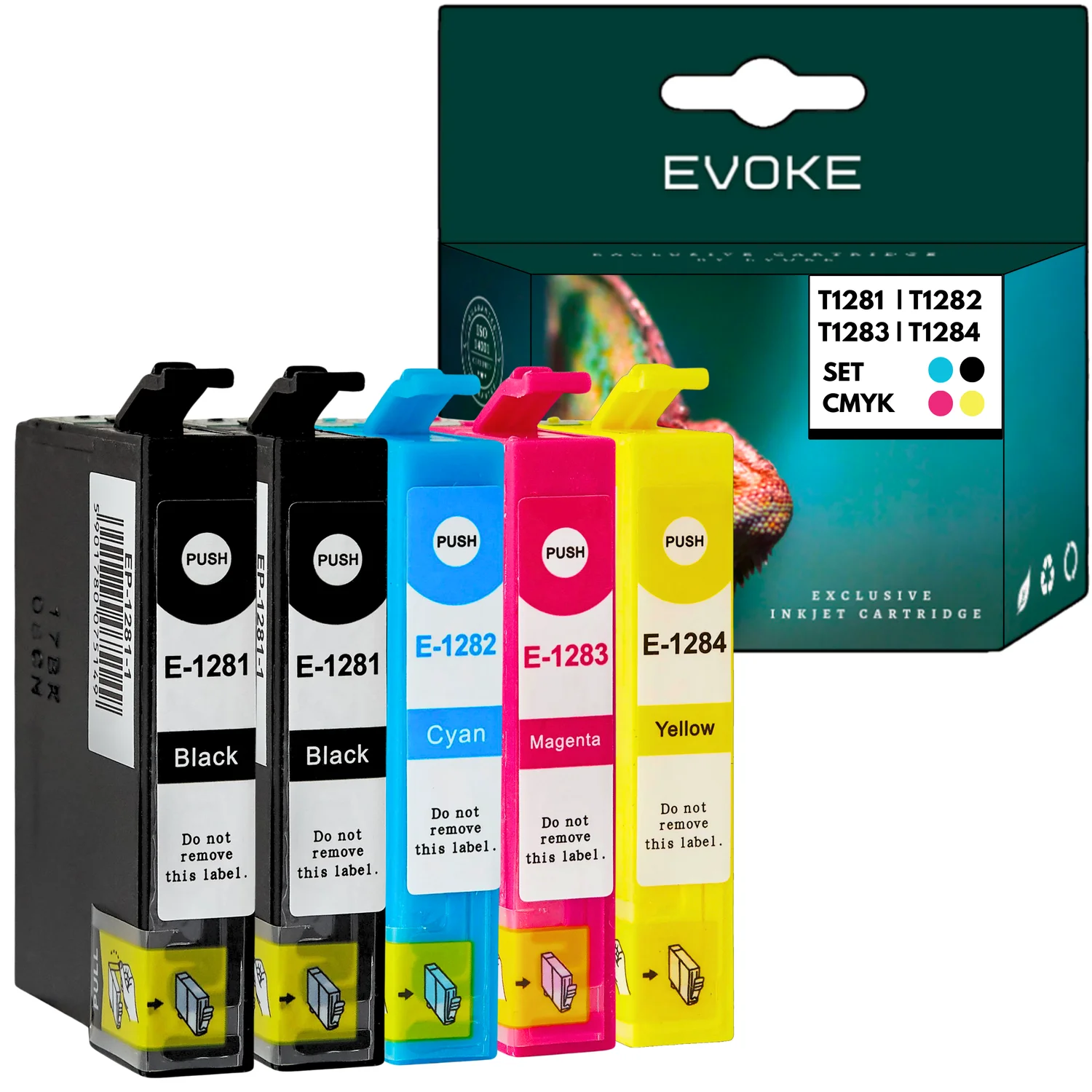 Evoke Compatibele Inkt voor Epson T1281 T1282 T1283 T1284 1281-1284 128XL 5X:2X Zwart+Cyaan+Magenta+Geel 54 ml 2180 Pagina's Stylus S22, Sx125 130 130W 230 235 235W 420W 425W 430W 435W 438W 440W 445W