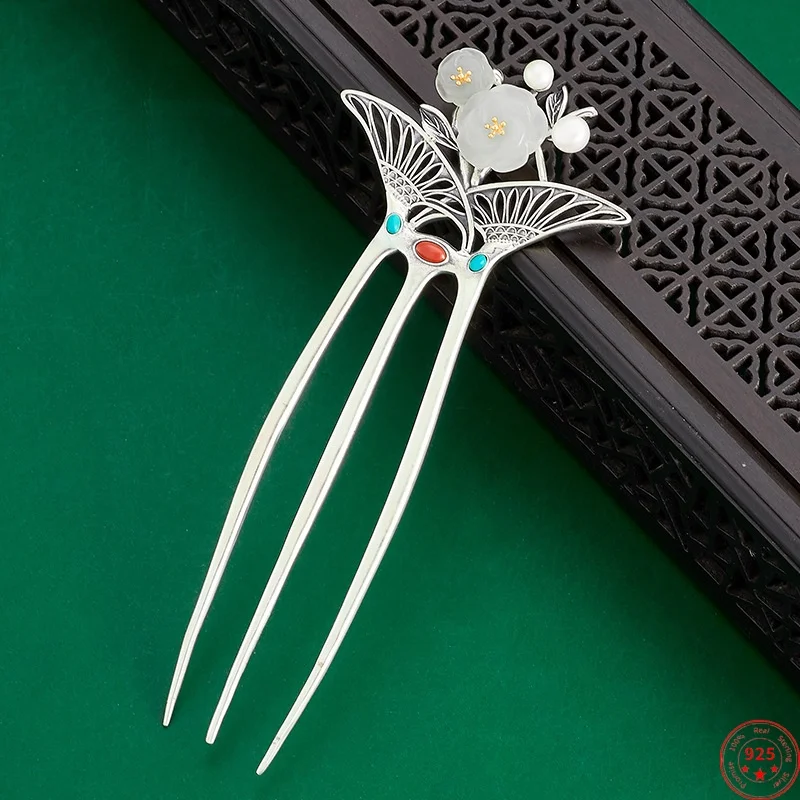 S925 Sterling Silver Hair Sticks for Women Retro Pattern Inlaid Hotan Jade Flowers Hair Forks Hairpin Jewelry Wholesale