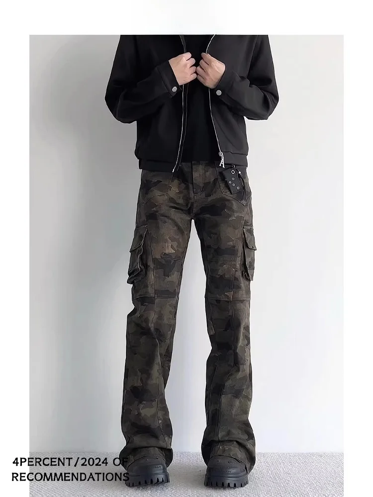 جينز رجالي بتصميم أمريكي عتيق بنمط التمويه متعدد الجيوب ضيق مناسب للعمل بنطلون جينز نحيف وواسع من الأسفل عصري للشباب #1