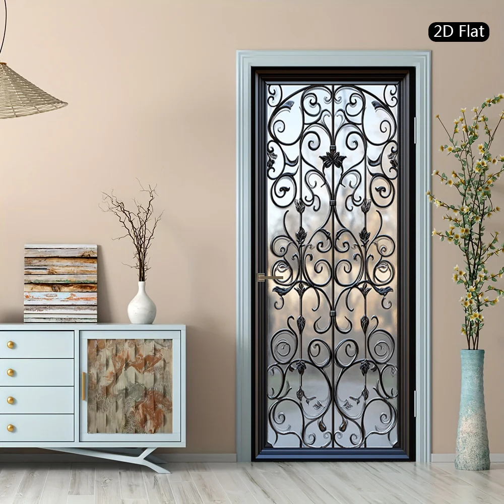 1 pair of gorgeous iron pattern self-adhesive door stickers, modern self-adhesive wall art stickers, elegant design door wall st