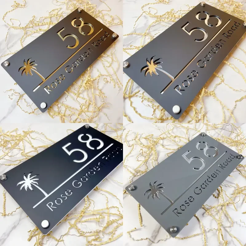 Modern Custom Acrylic House Number Sign - Palm Tree Seaside Door Plate for Outside Address Wall Decor