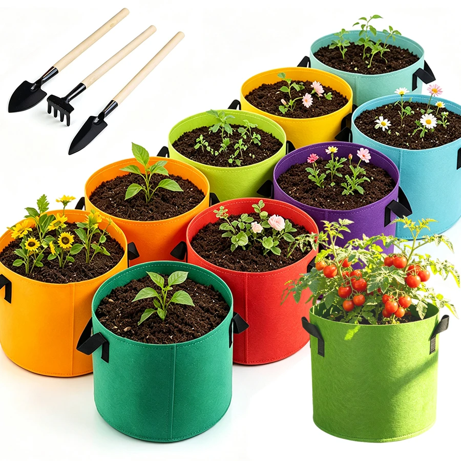 3pcs Gardening Grow Bags with 3pcs Mini Hand Tool Set, 5 Gallon Breathable Nonwoven Planting Pots & Small Shovel Rake Spade Kit